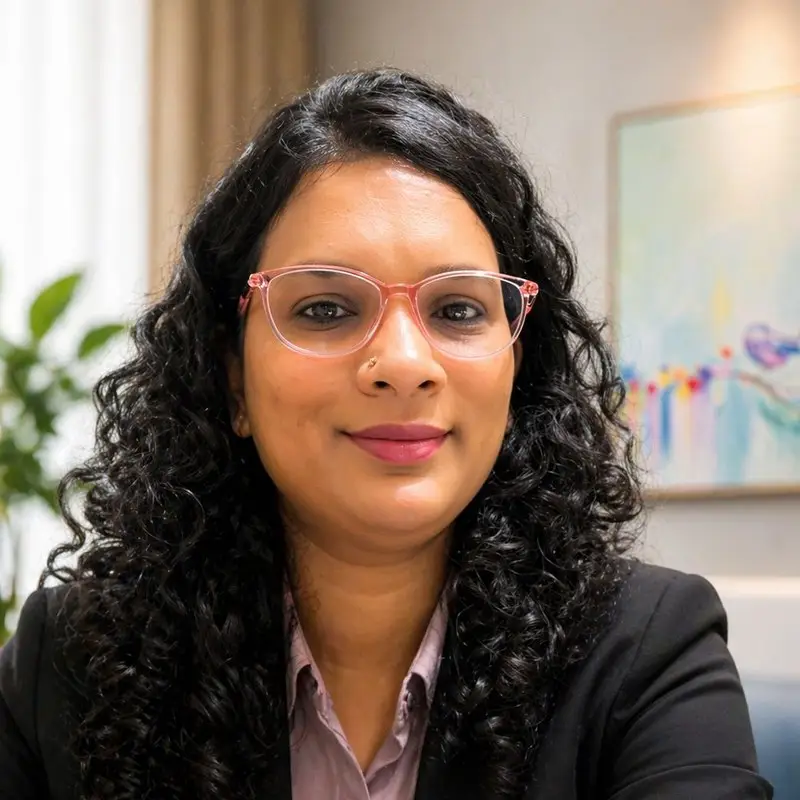 Smita Raghampuri, Sales Director at Coacharya, in a black blazer and pink-framed glasses